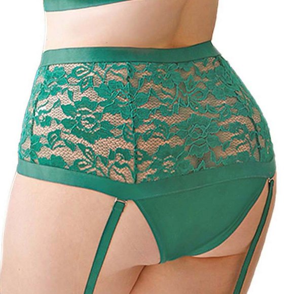 Strappy Bra and Gartered Panty Set Women 3x 4x Emerald Green High Waist Lingerie - Picture 8 of 9